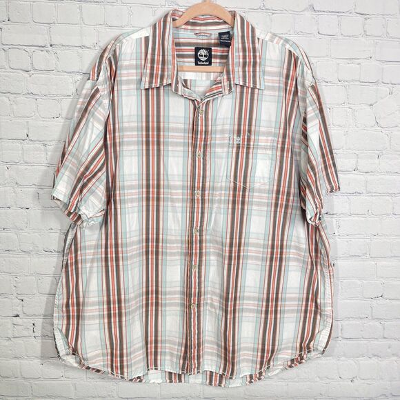 Timberland Regular Fit Button Up Shirt 2XL XXL Short Sleeve Orange Plaid Cotton - Picture 1 of 9